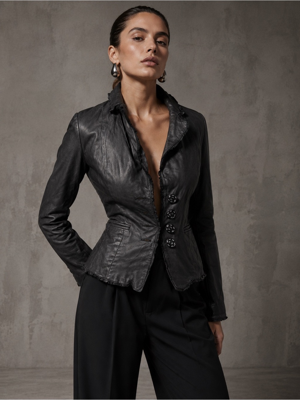 Artico Italian Sheepskin Leather Jacket Fitted Ruffle Button Luxury